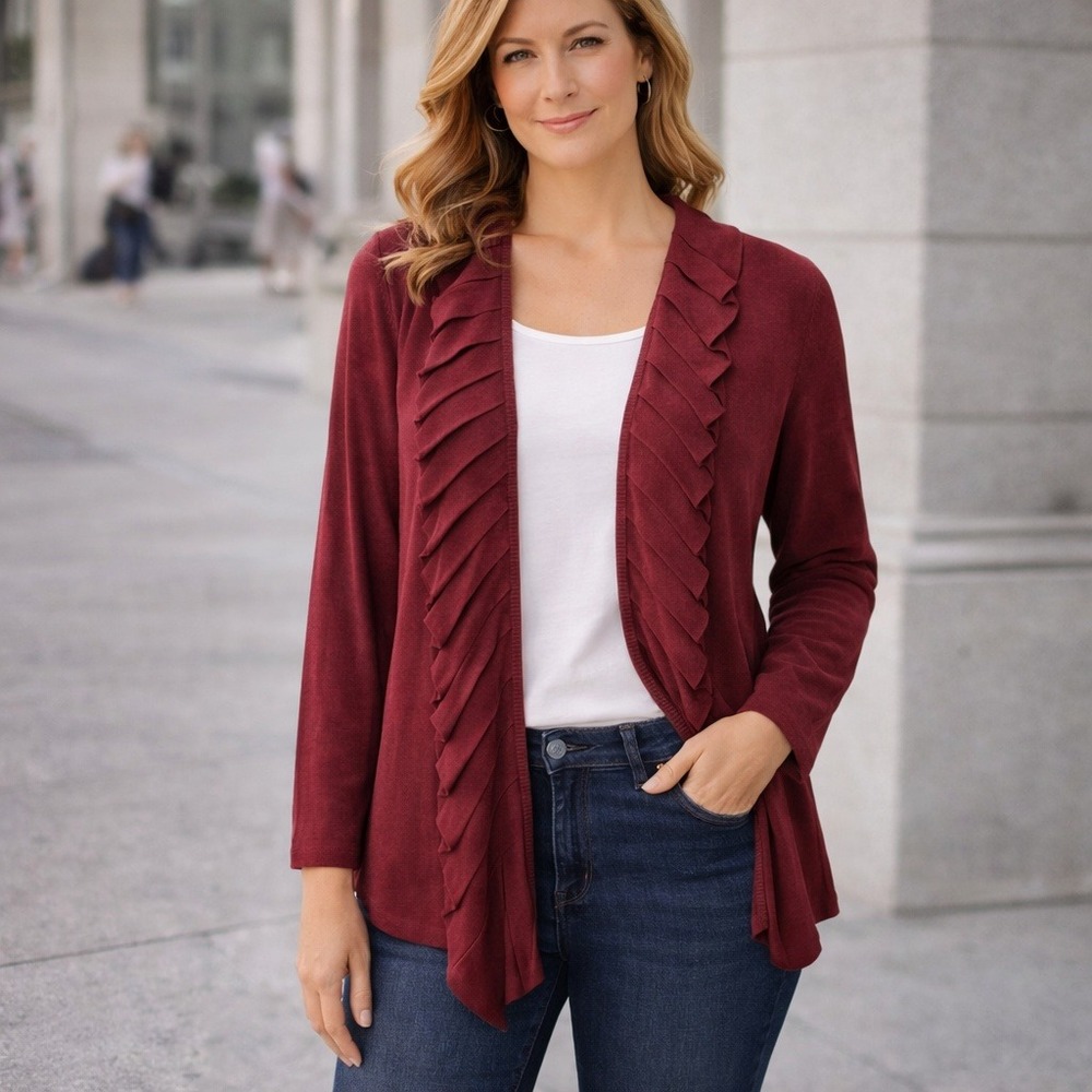 Chicos Travelers Cardigan Womens 0 (4/6) Burgundy Red Pleated Ruffle Open Front